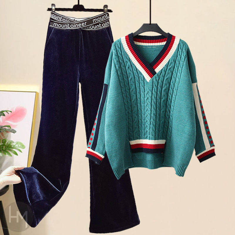 グリーン/ニット.セーター+ブルー/パンツ