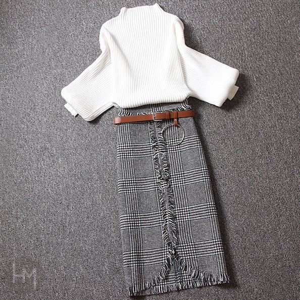 ホワイト/セーター+/グリーン/スカート/2点セット