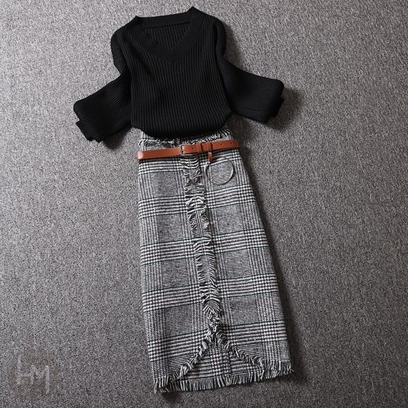 ブラックセーター+/グリーン/スカート/2点セット