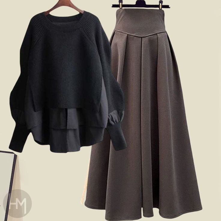 ブラック/ニット.セーター＋コーヒー/スカート
